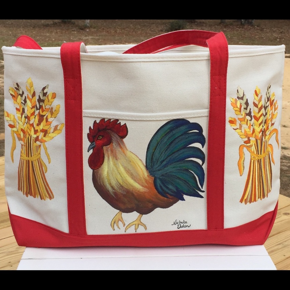 Large Heavy Canvas Tote Bag with Painted Rooster